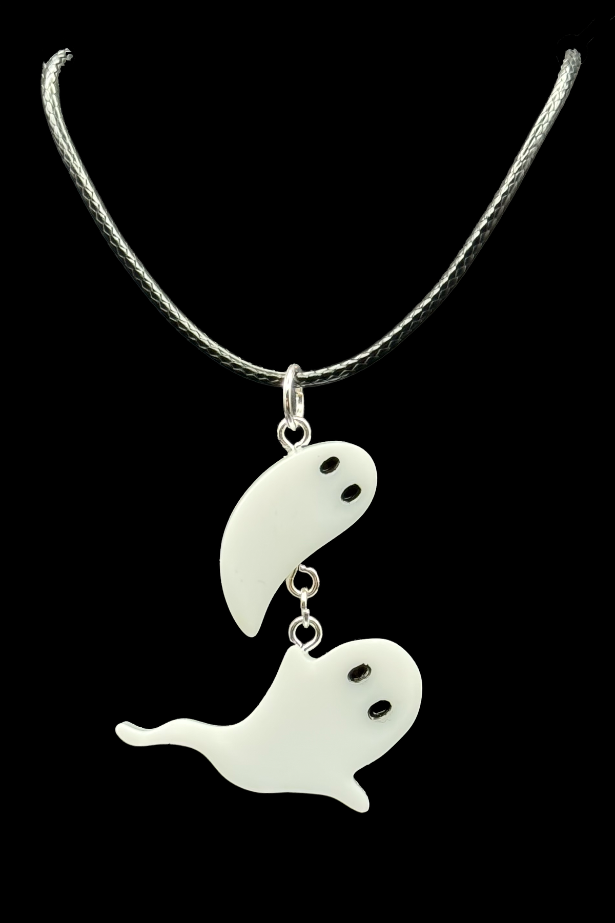 Resin Charms - A Medium and a Large Ghost Dangle from a Waxed Black Leather Cord that will lengthen up to 24"