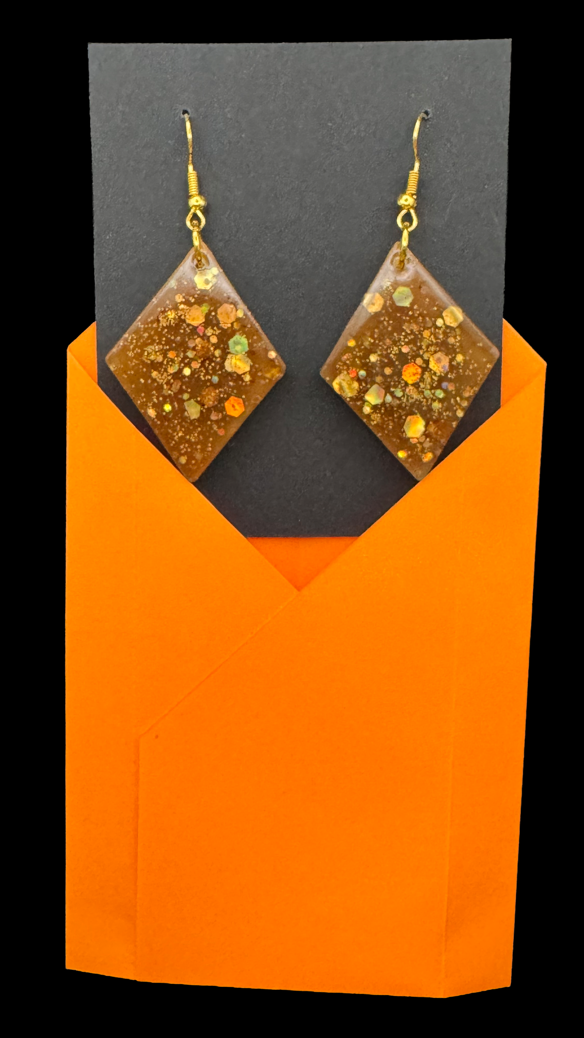 Resin Charms - Autumn Glittery Diamond Shapes on Hypoallergenic Gold-tone Ear Wires