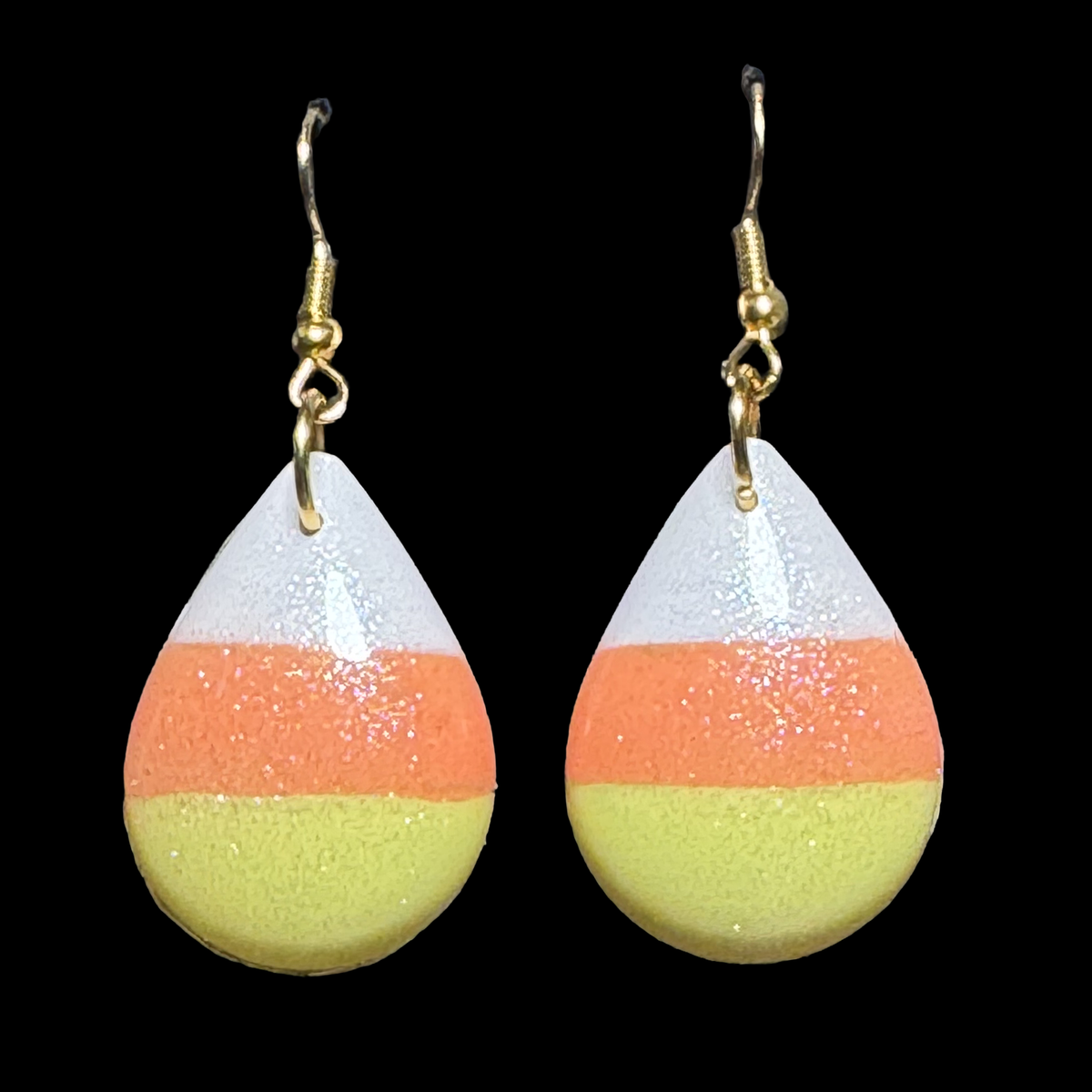 Resin Charms - Teardrops painted as Candy Corns on Hypoallergicnic Gold-tone Ear Wires
