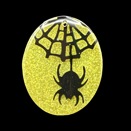 Resin Charm - Spider and Web Suspended in Resin with Glitter and Glow-in-the-dark Crystals