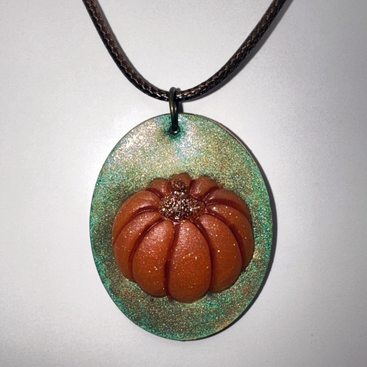 Necklace - 3D Resin Pumpkin on Shimmering Turquoise Oval