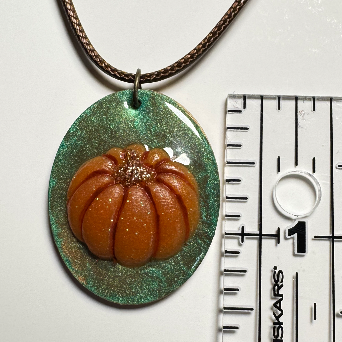 Necklace - 3D Resin Pumpkin on Shimmering Turquoise Oval
