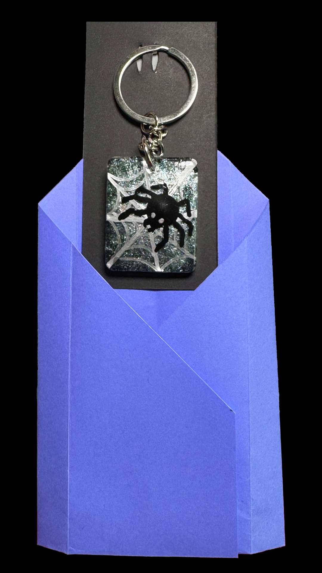 Resin Charm - Hand Drawn Spider on Chrome Web - Rectangle