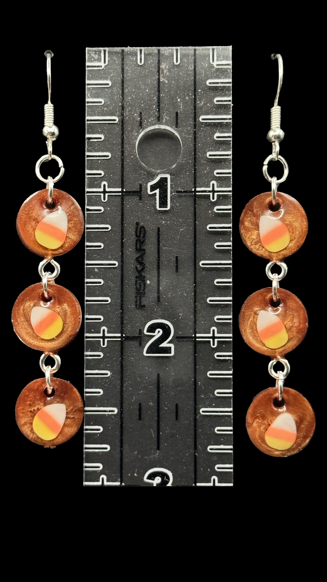 Resin Earrings - Tiny Candy Corns on Coppery Brown Resin Circles