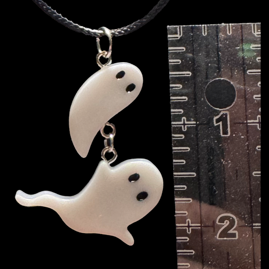 Resin Charms - A Medium and a Large Ghost Dangle from a Waxed Black Leather Cord that will lengthen up to 24"