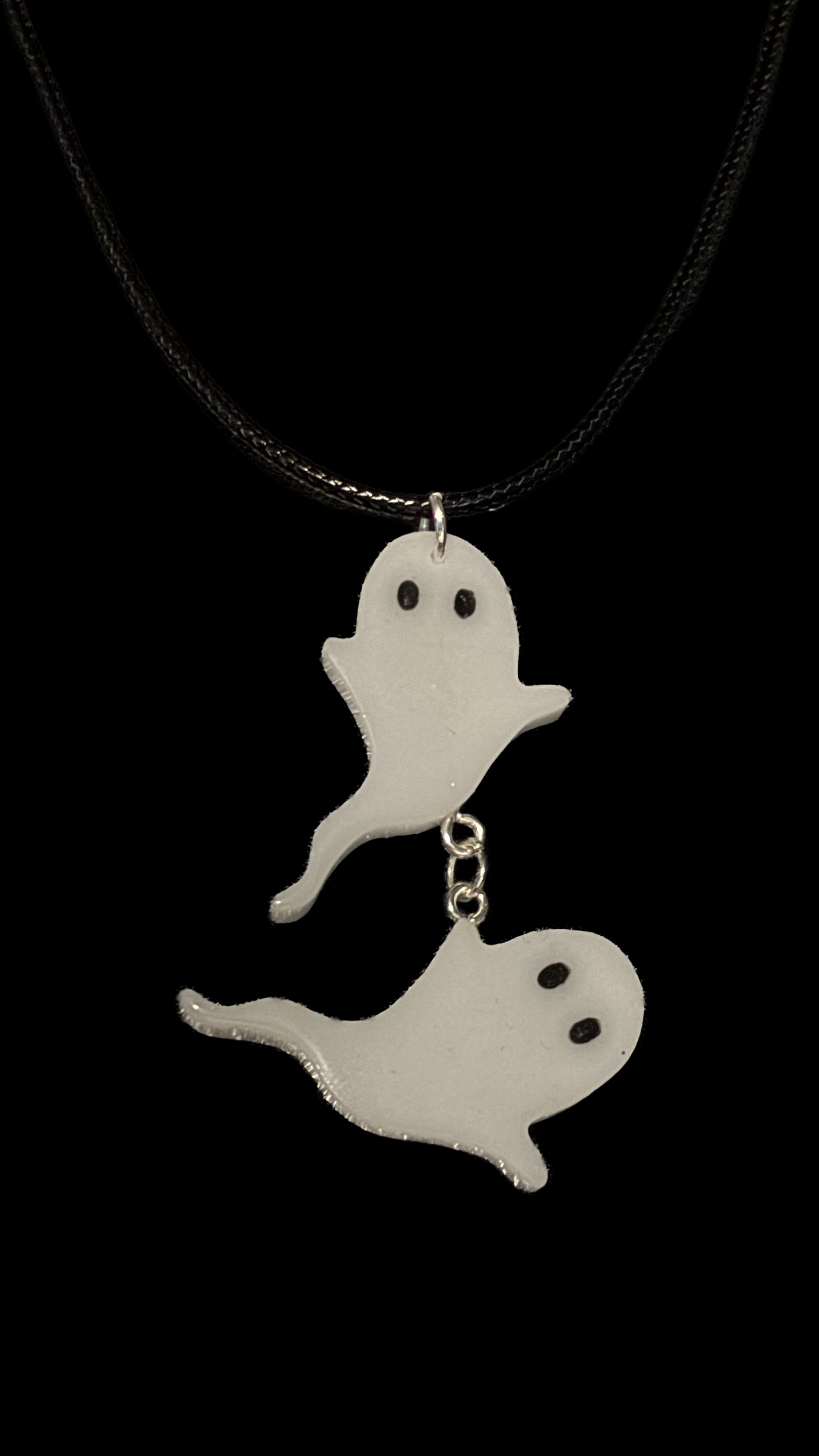Resin Charms Necklace- Playful Ghosts Dangle from a Waxed Black Leather Cord that will lengthen up to 24"
