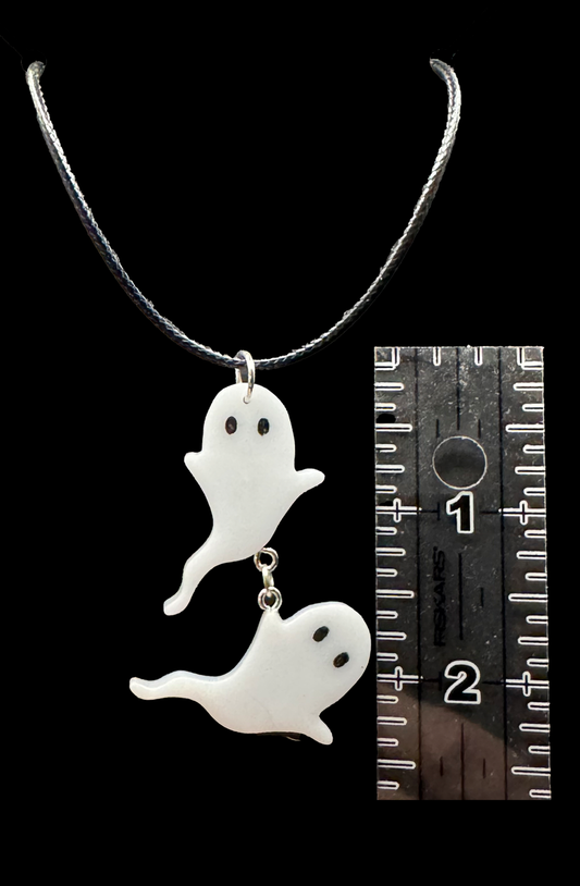 Resin Charms Necklace- Playful Ghosts Dangle from a Waxed Black Leather Cord that will lengthen up to 24"