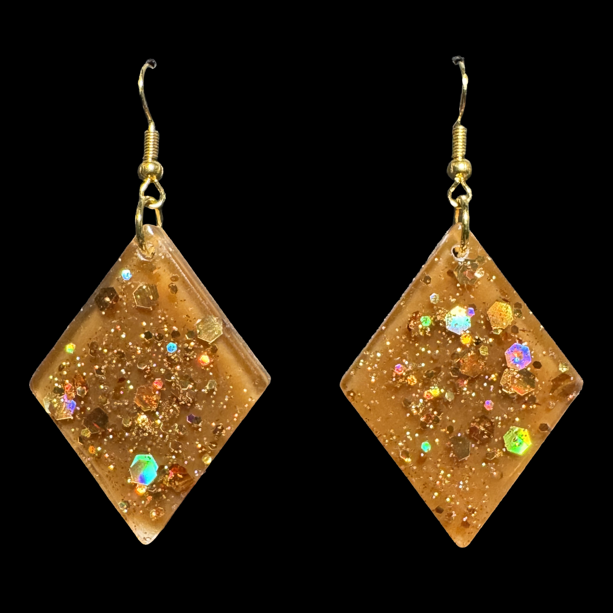 Resin Charms - Autumn Glittery Diamond Shapes on Hypoallergenic Gold-tone Ear Wires