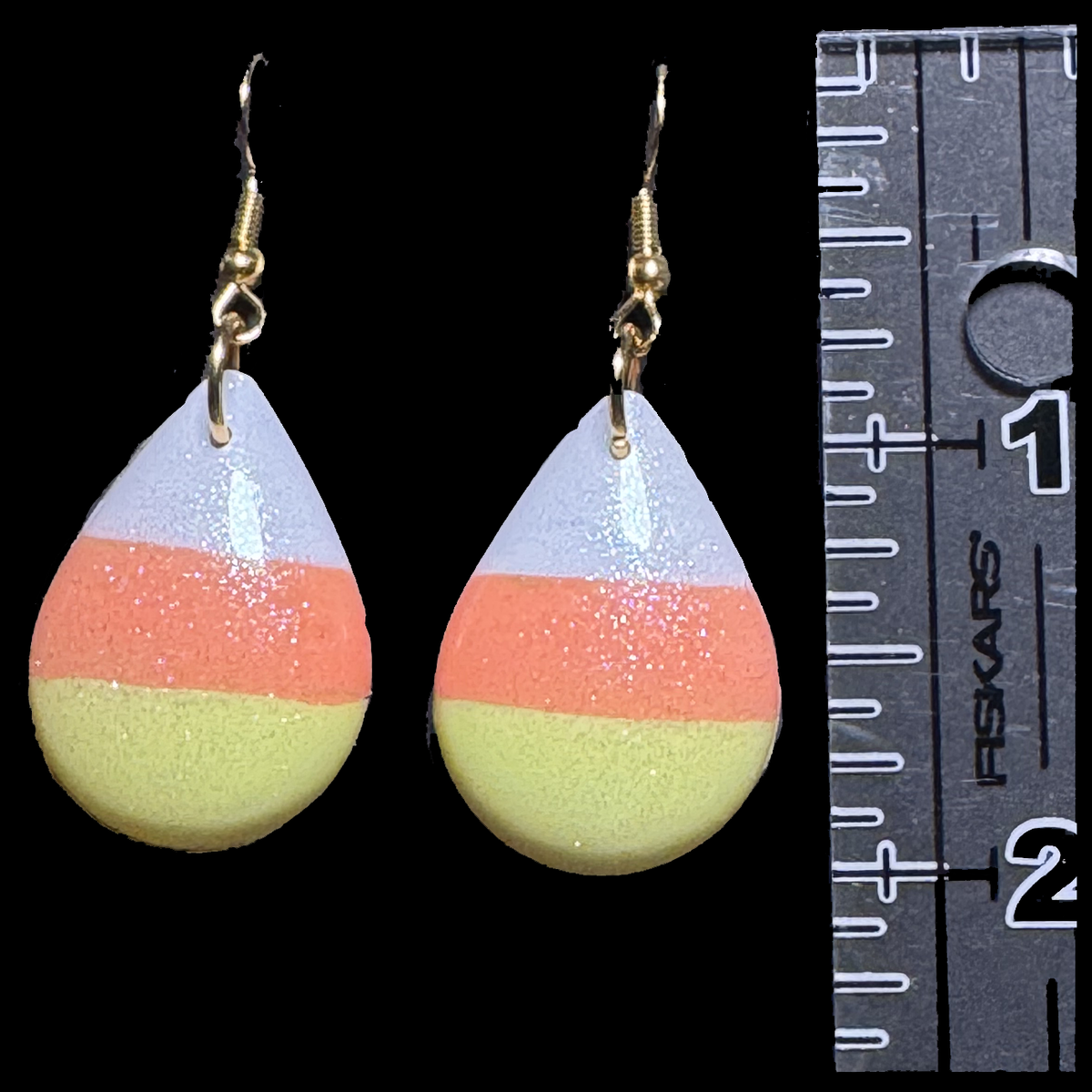Resin Charms - Teardrops painted as Candy Corns on Hypoallergicnic Gold-tone Ear Wires