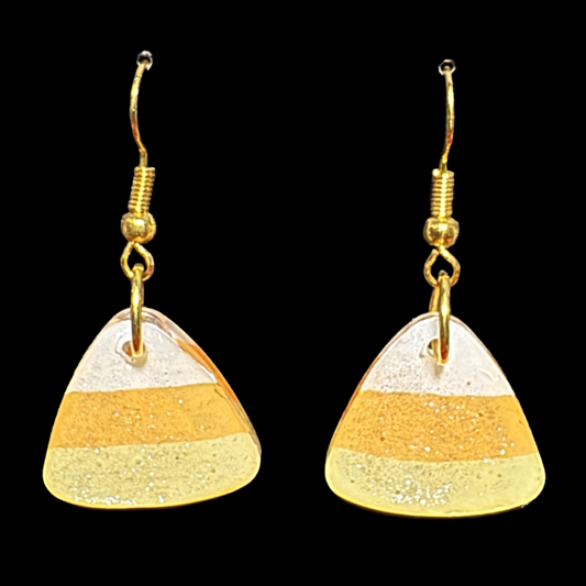 Resin Earrings - Small Rounded Triangular Candy Corns on Hypoallergenic Gold-tone Ear Wires