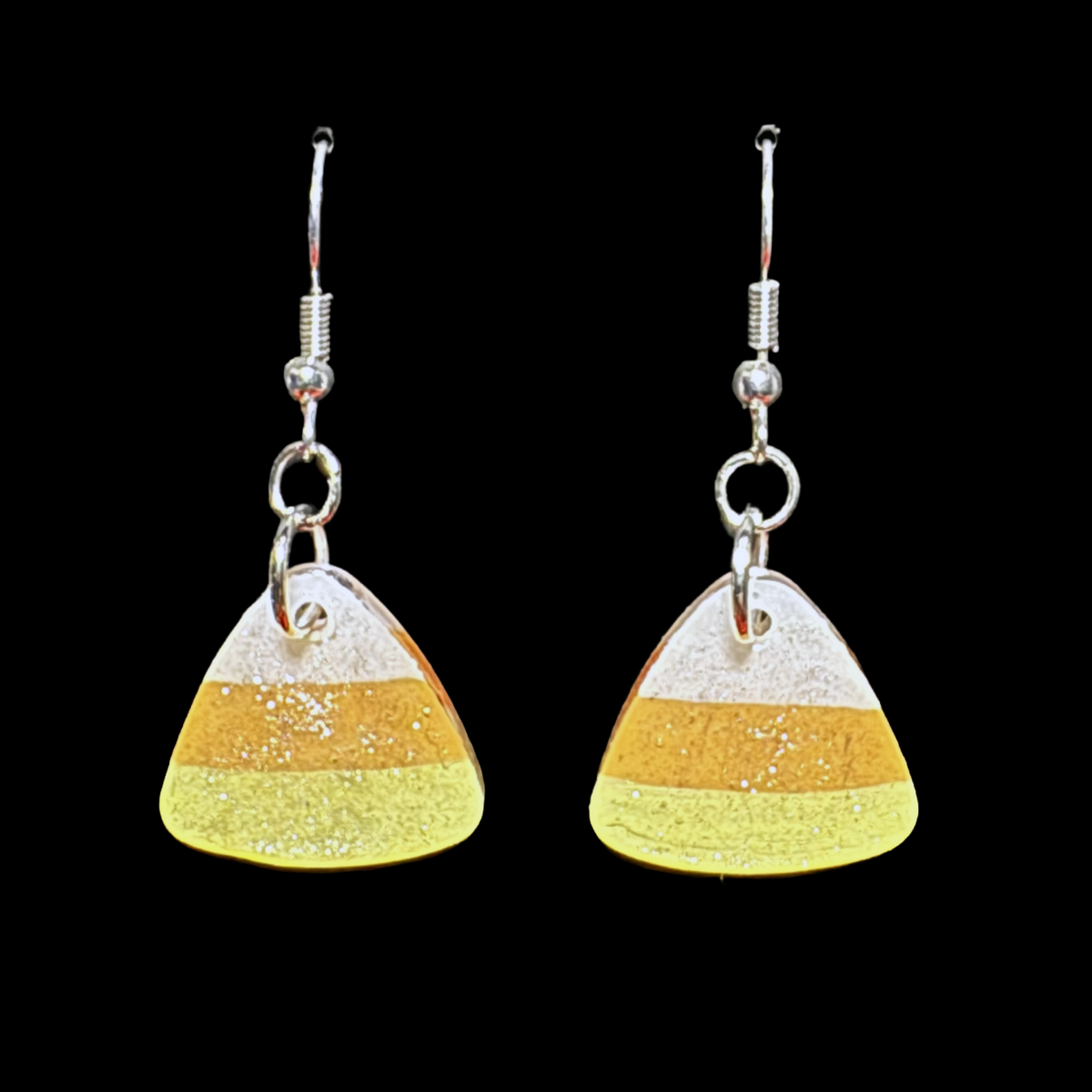 Resin Earrings - Small Rounded Triangular Candy Corns on Hypoallergenic Silver-tone Ear Wires