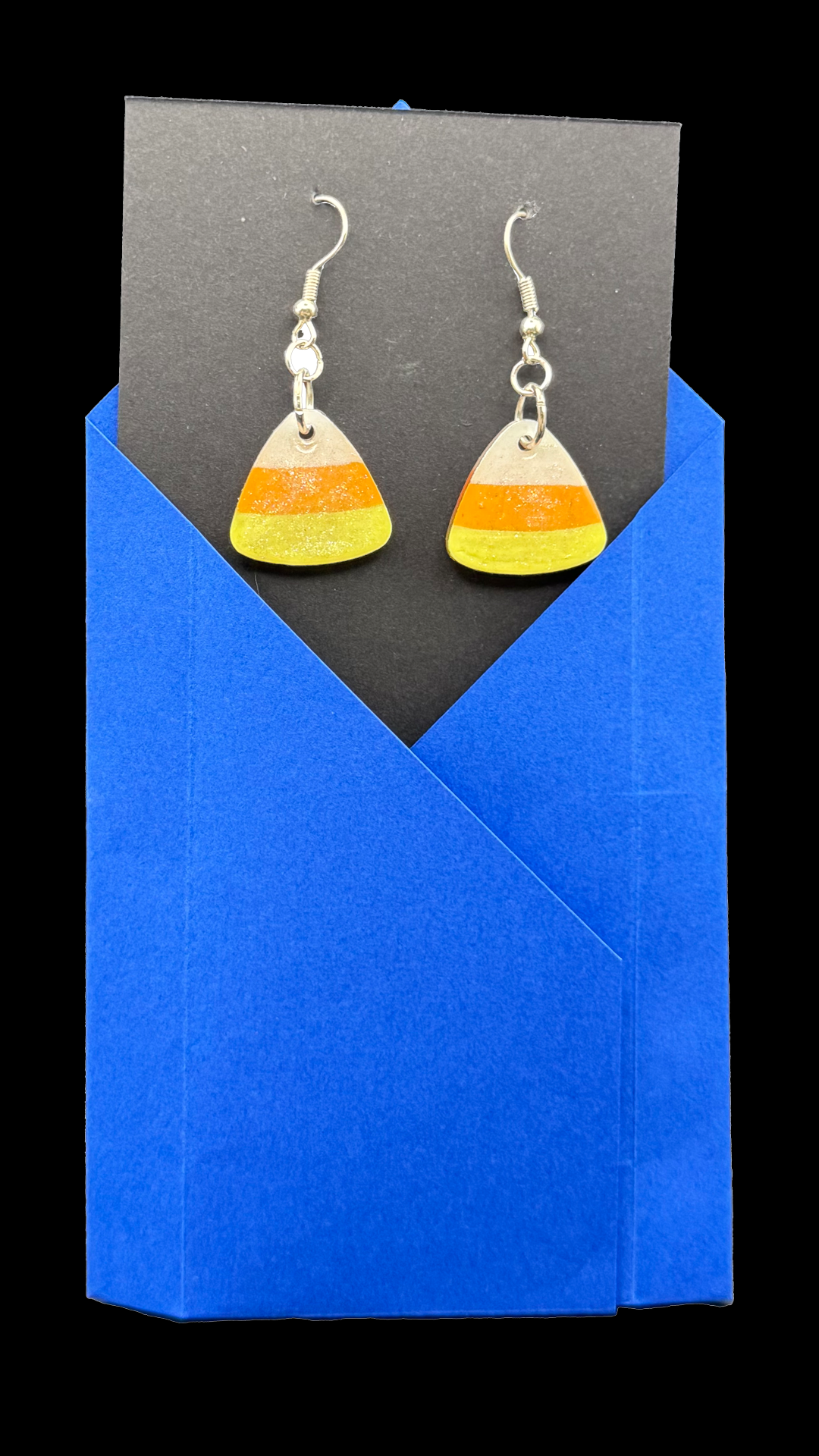 Resin Earrings - Small Rounded Triangular Candy Corns on Hypoallergenic Silver-tone Ear Wires