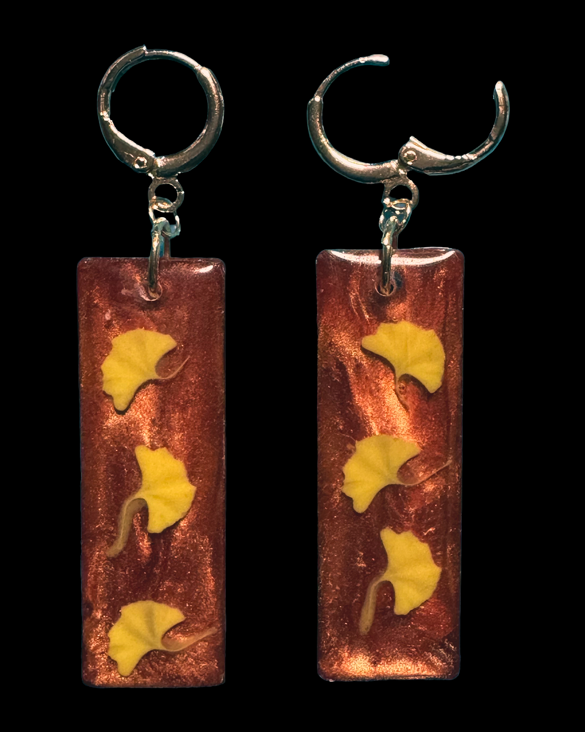 Resin Earrings- Autumn Ginkgo Leaves on Brown Elongated Rectangle
