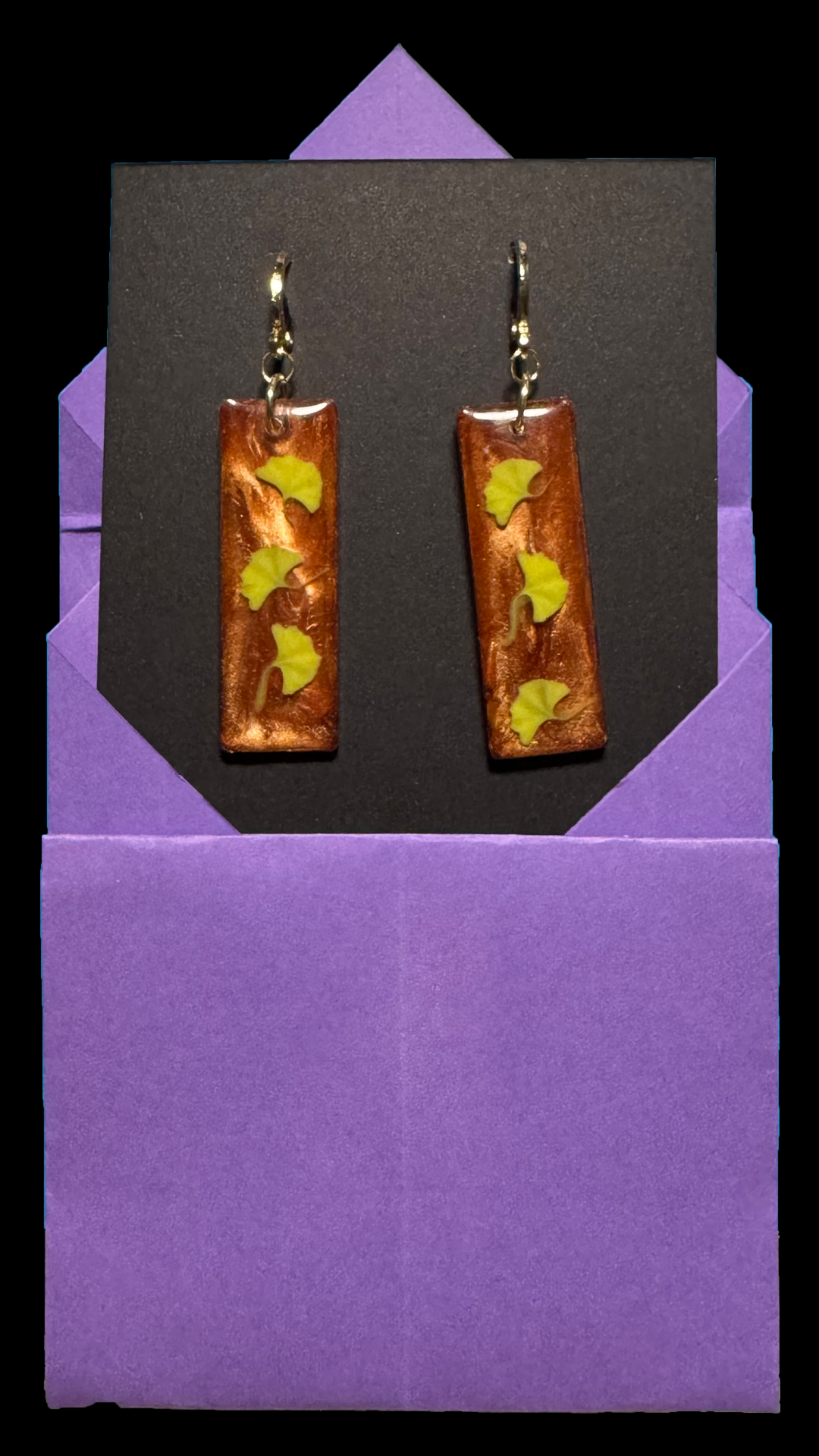 Resin Earrings- Autumn Ginkgo Leaves on Brown Elongated Rectangle
