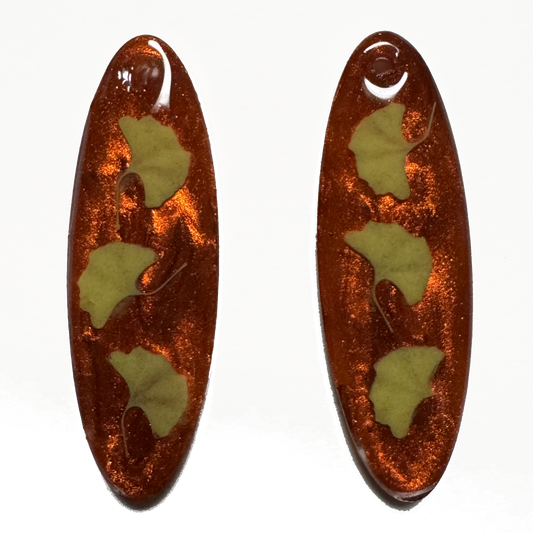 Resin Earring Charms - Autumn Ginkgo Leaves on Burnt Orange Elongated Oval