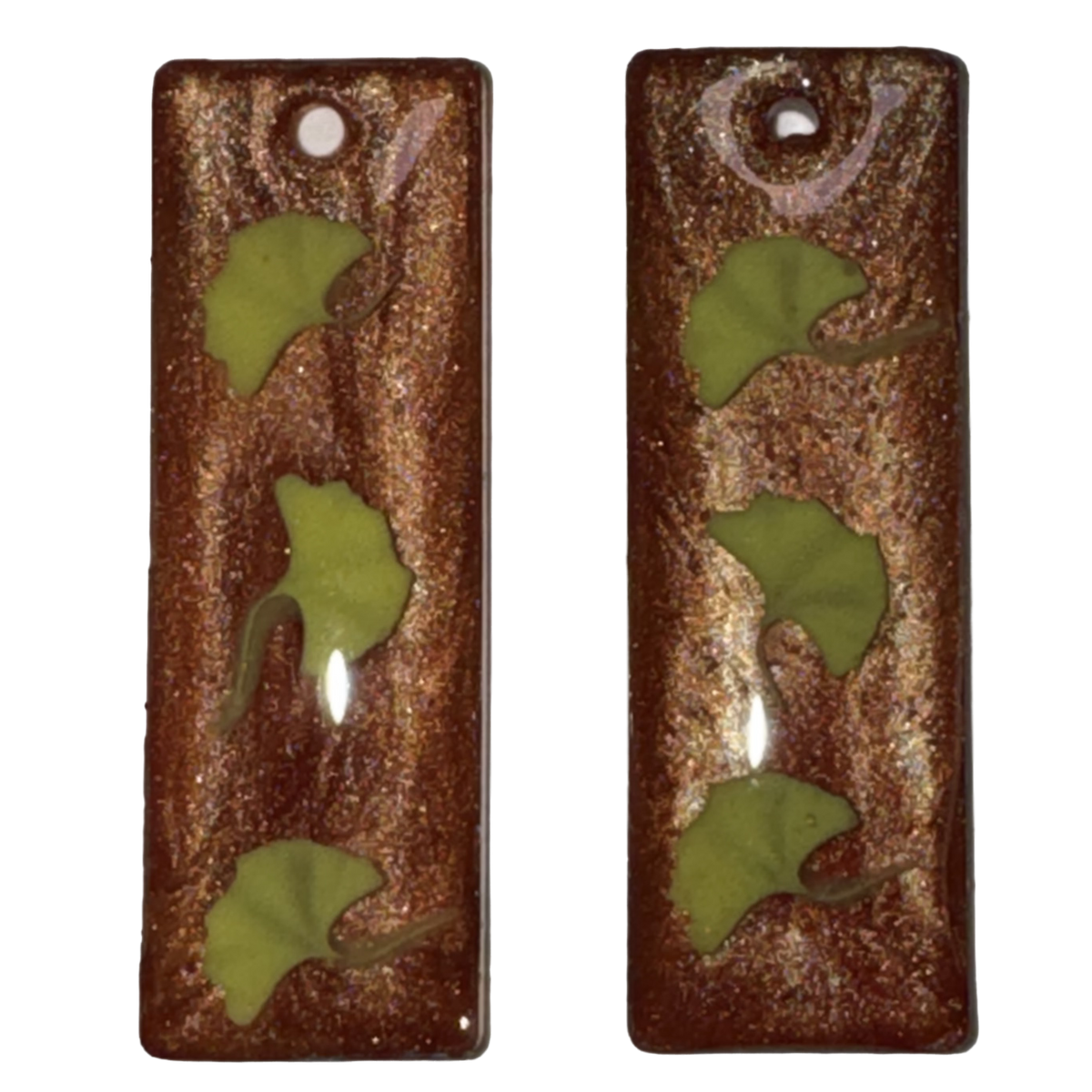 Resin Earring Charms - Autumn Ginkgo Leaves on Brown Elongated Rectangle
