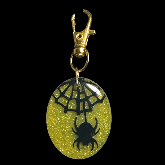 Resin Charm - Spider and Web Suspended in Resin with Glitter and Glow-in-the-dark Crystals