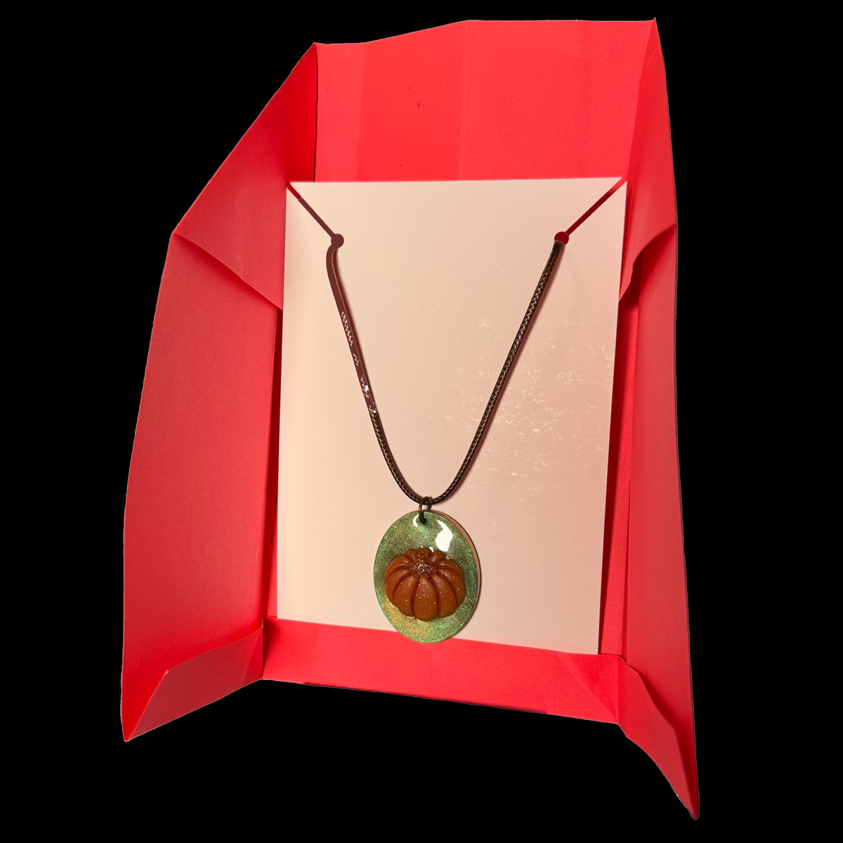 Necklace - 3D Resin Pumpkin on Shimmering Turquoise Oval