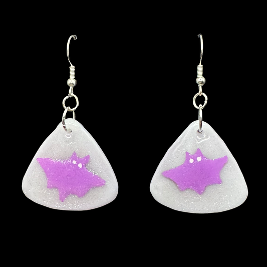Resin Earrings - Purple Bats on Glittery White Background