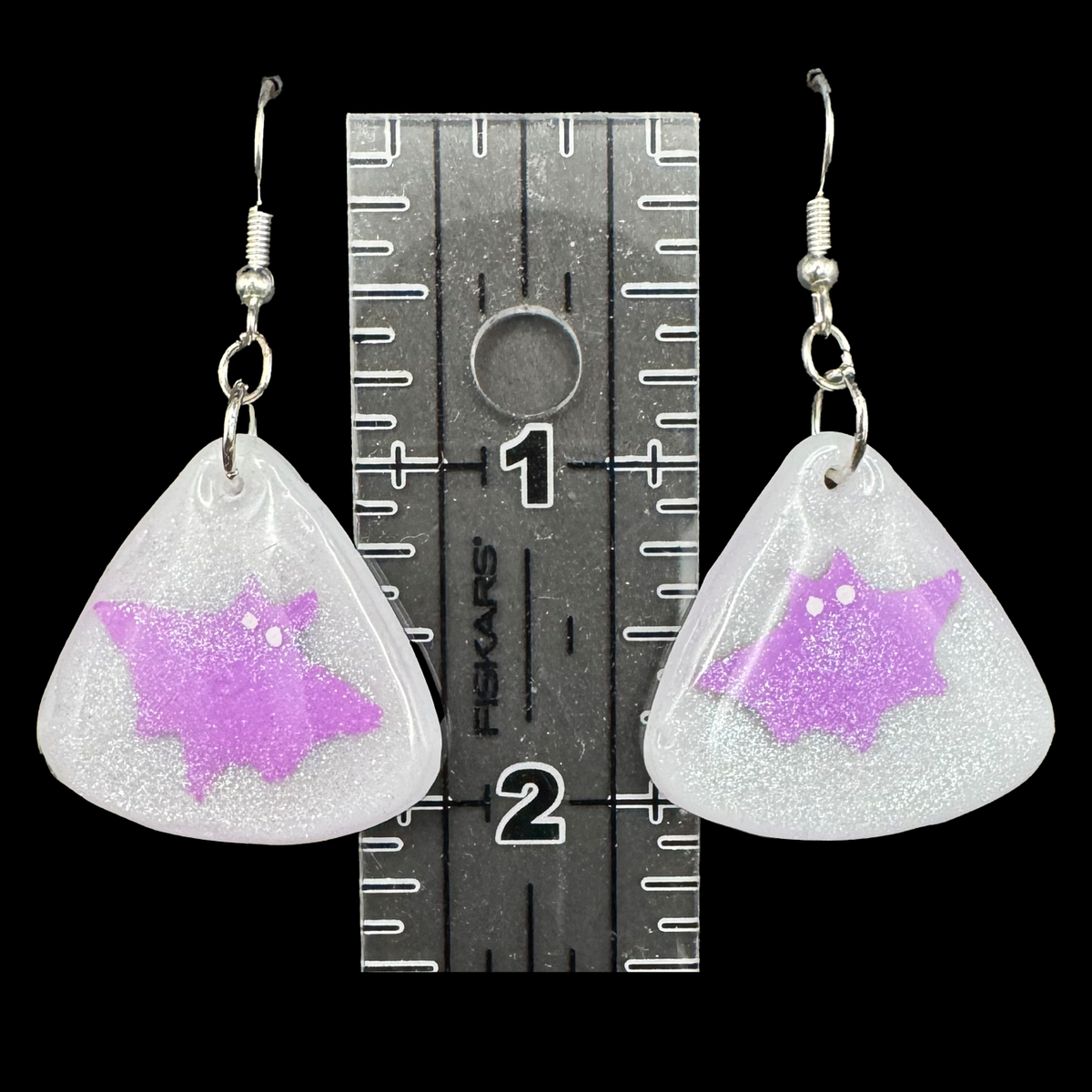 Resin Earrings - Purple Bats on Glittery White Background