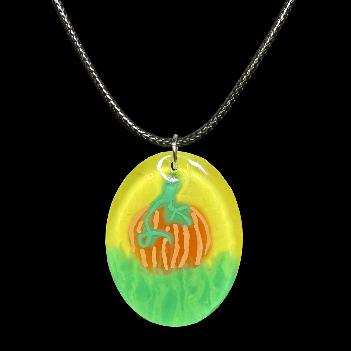 ResinCharm - Hand Painted Pumpkin Pendant on Waxed Black Braided Leather Cord 24"