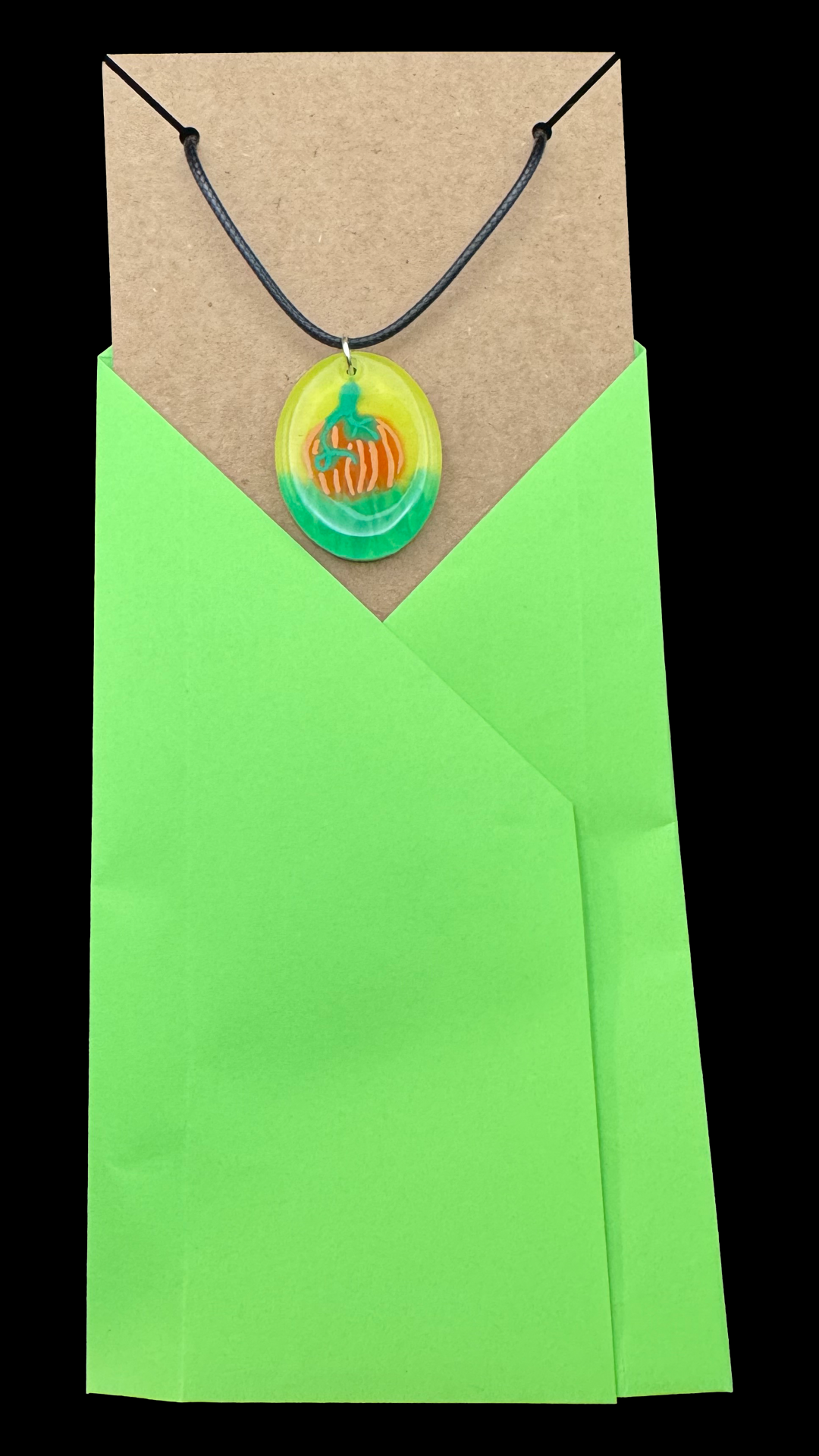 ResinCharm - Hand Painted Pumpkin Pendant on Waxed Black Braided Leather Cord 24"