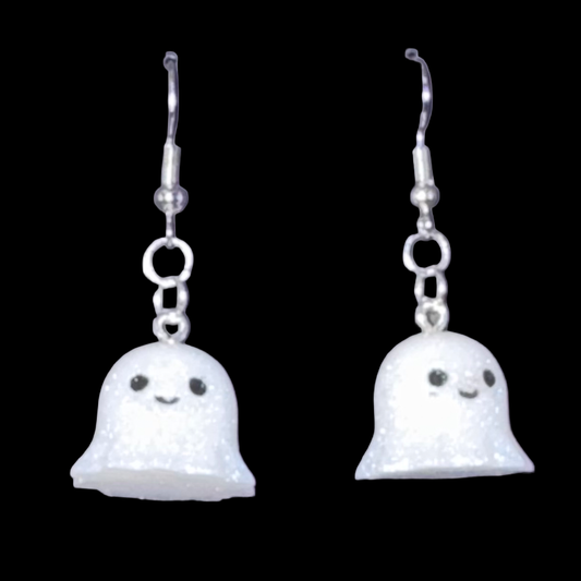 Resin Earrings - Happy Ghosts on Hypoallergenic Silver-Tone Ear Wires That Glow Blue in the Dark