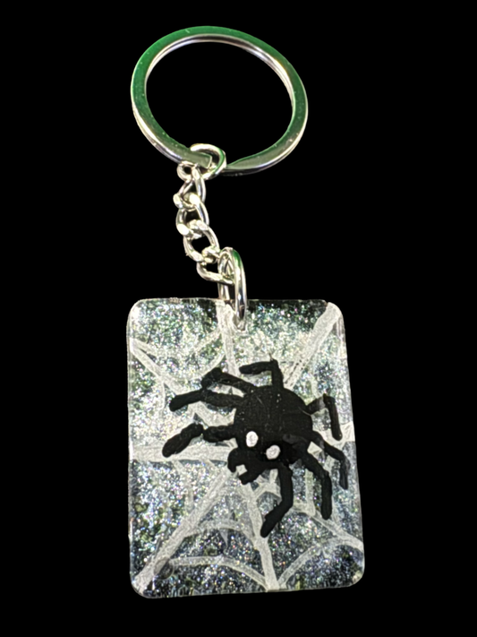 Resin Charm - Hand Drawn Spider on Chrome Web - Rectangle