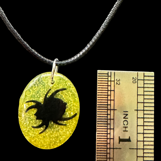 Resin Charm Necklace - Black Spider in Sparkly Yellow Oval