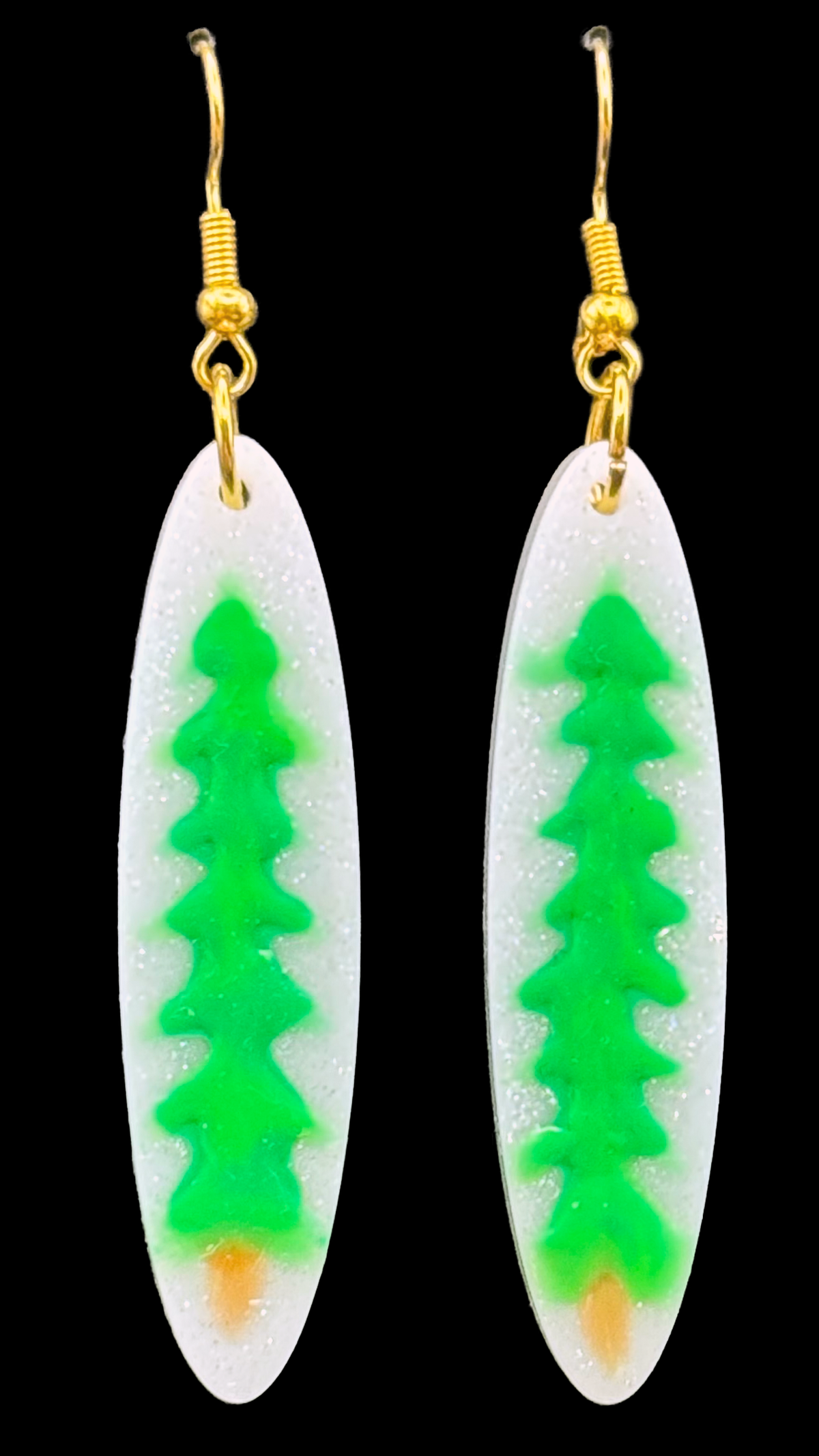 Resin Earrings - Evergreens on A Sparkly White Narrow Ellipse