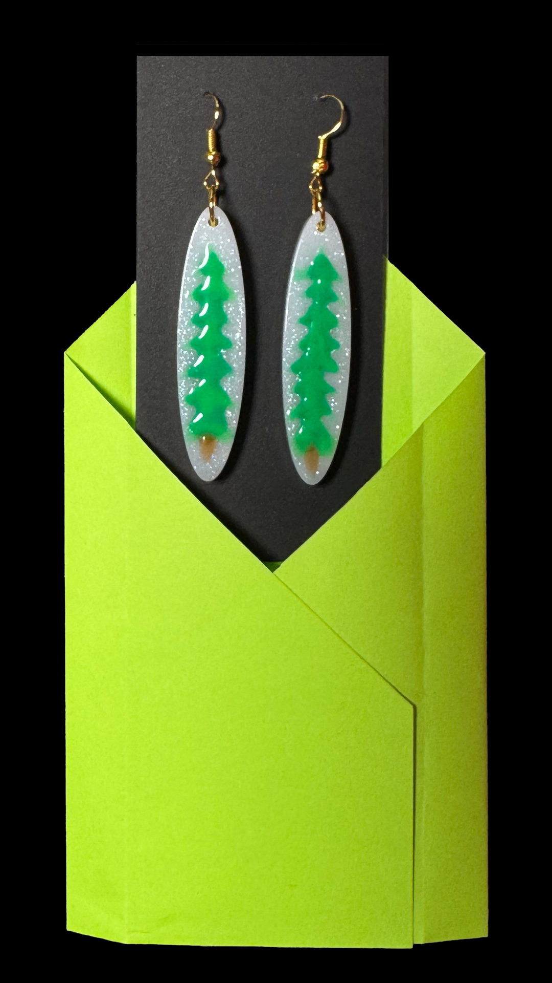 Resin Earrings - Evergreens on A Sparkly White Narrow Ellipse