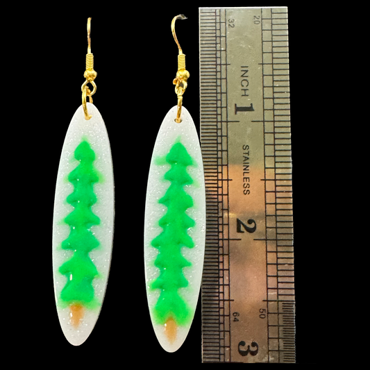 Resin Earrings - Evergreens on A Sparkly White Narrow Ellipse