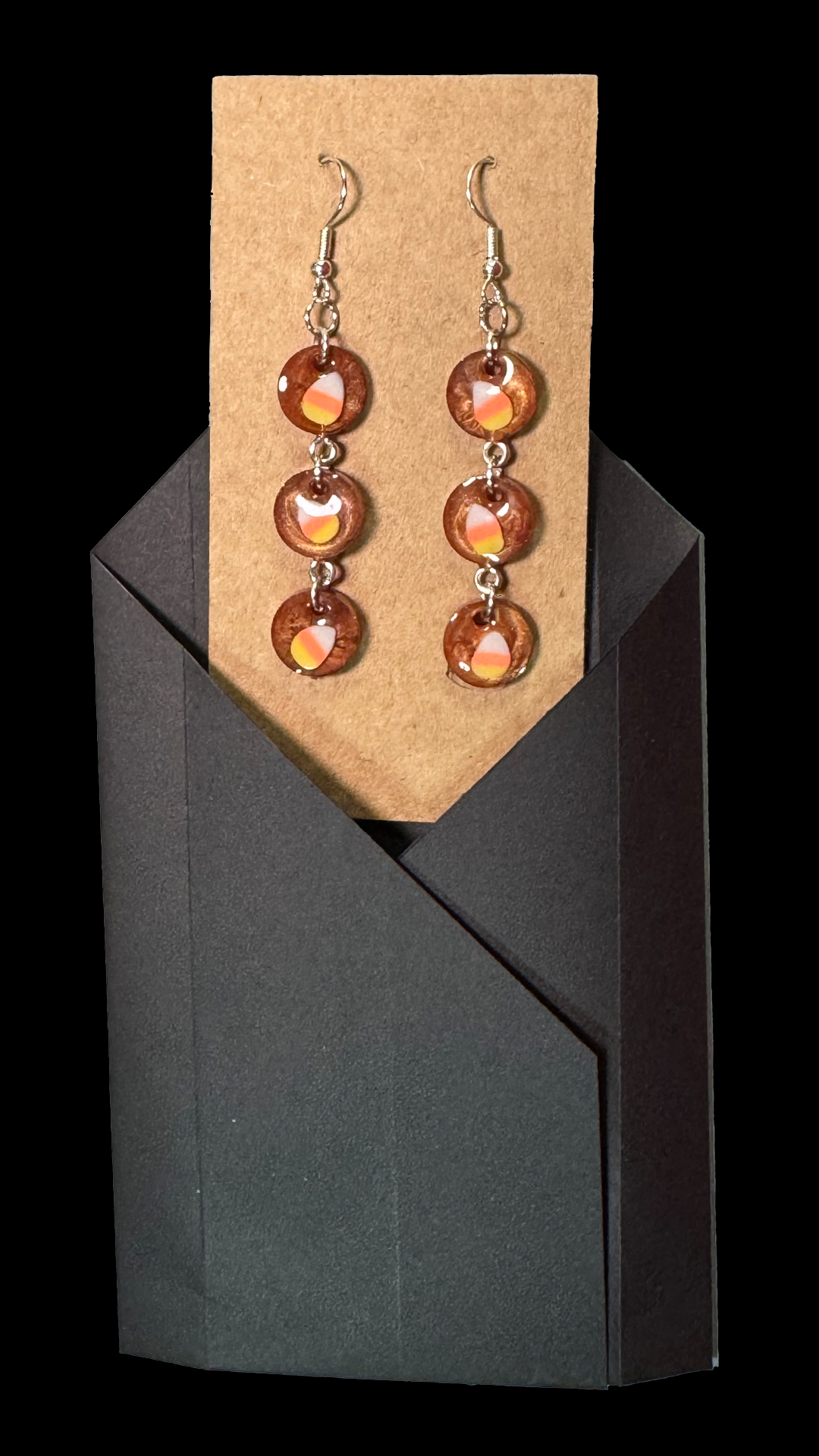 Resin Earrings - Tiny Candy Corns on Coppery Brown Resin Circles