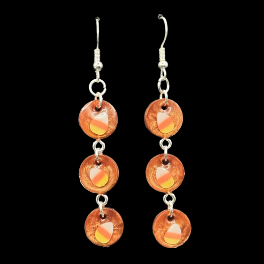 Resin Earrings - Tiny Candy Corns on Coppery Brown Resin Circles